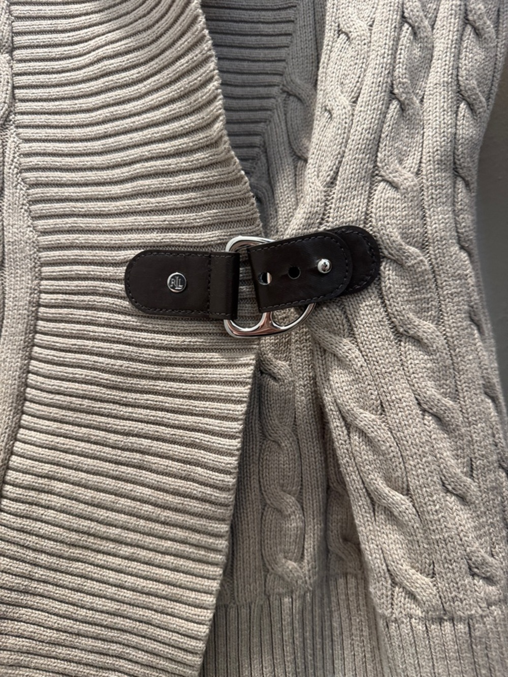 Lauren Ralph Lauren Beige Cable-Knit Shawl Collar Cardigan with Buckle - Picture 4 of 9
